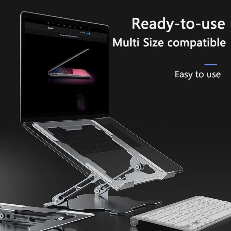 Adjustable and foldable ergonomic aluminum laptop stand.