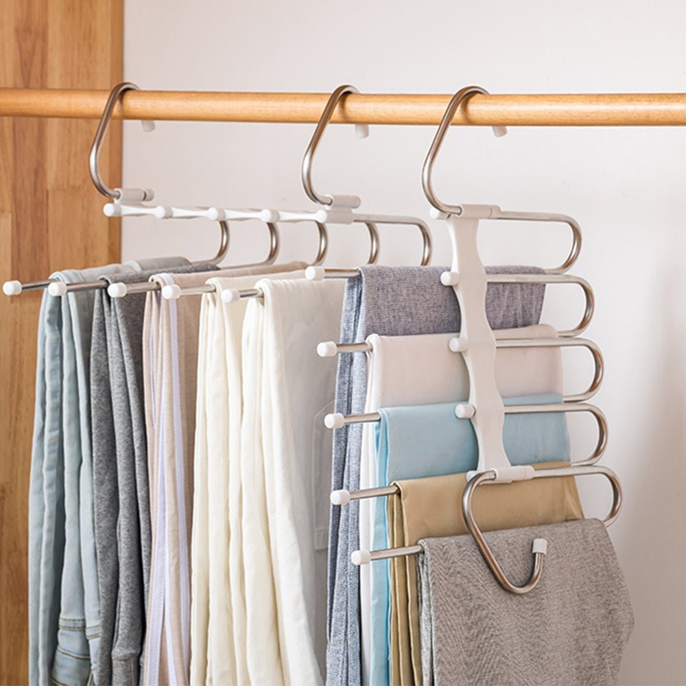 5-in-1 stainless steel magic pants hanger for closet organization.