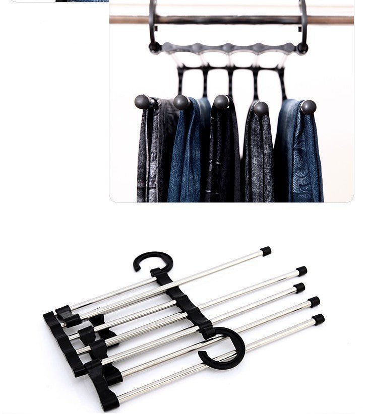 Multi-functional space-saving wardrobe hanger for jeans and trousers.