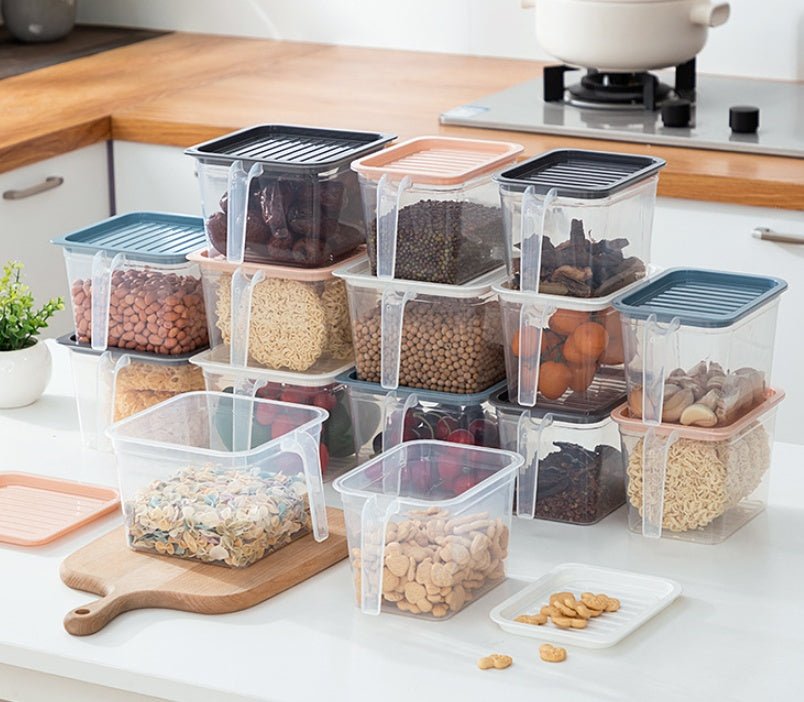 Clear stackable food storage container for kitchen organization.