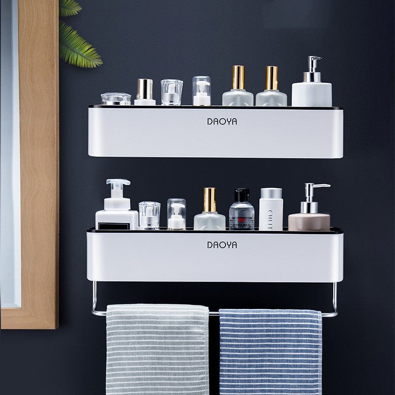 No-drill wall mounted bathroom shelf for shower storage.