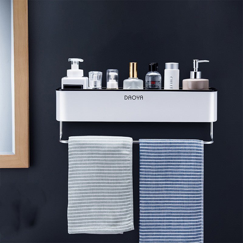 No-drill wall mounted bathroom shelf for shower storage.