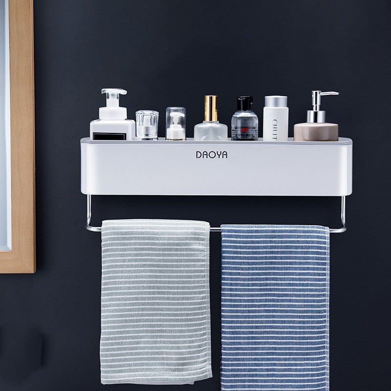 No-drill wall mounted bathroom shelf for shower storage.