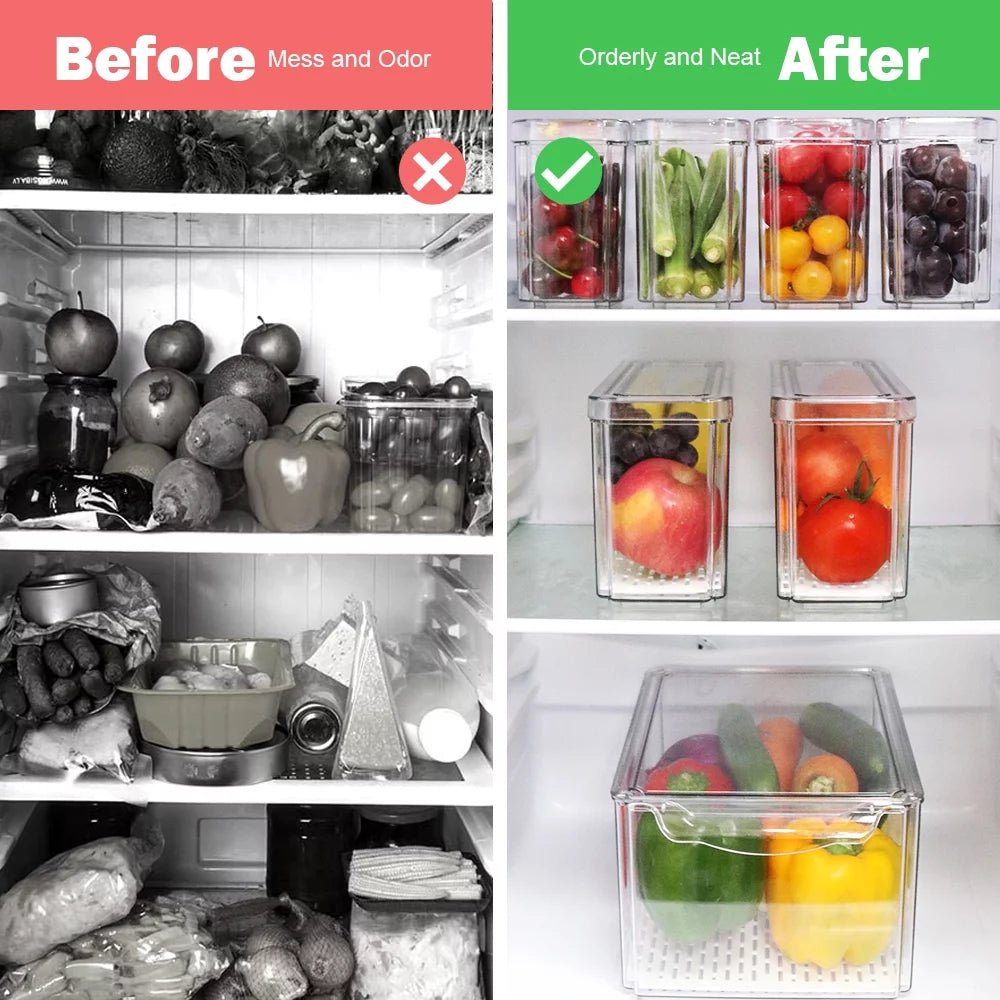Minimalist kitchen organization with transparent food-grade storage boxes.