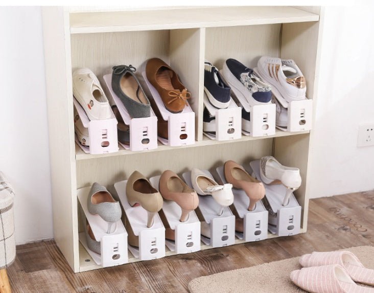 Narrow vertical shoe organizer for small apartments and closets.